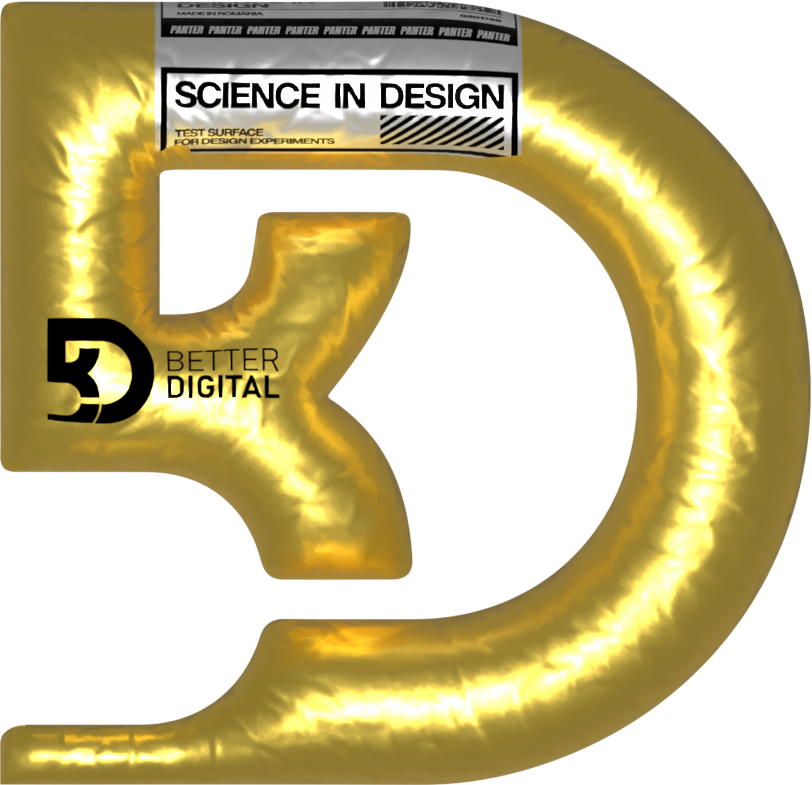 The brass Better Digital B emblem on black